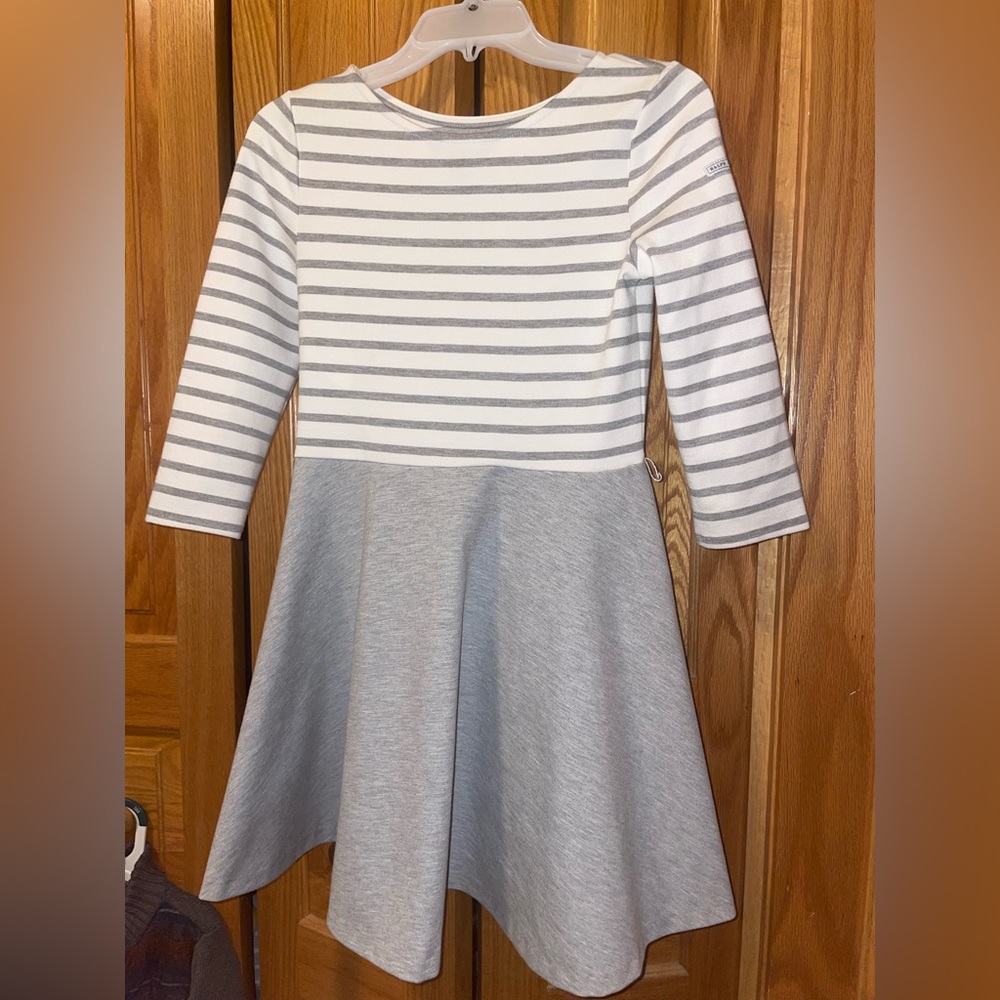 Polo Ralph Lauren dress girls grey white 12/14 striped 3/4 sleeve full skirt